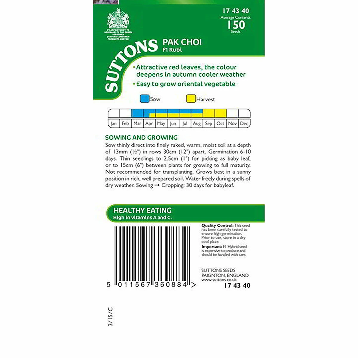 Suttons Seeds Suttons Seed Pak Choi Seeds - F1 Rubi 1 Suttons Seeds Suttons Seed Pak Choi Seeds - F1 Rubi