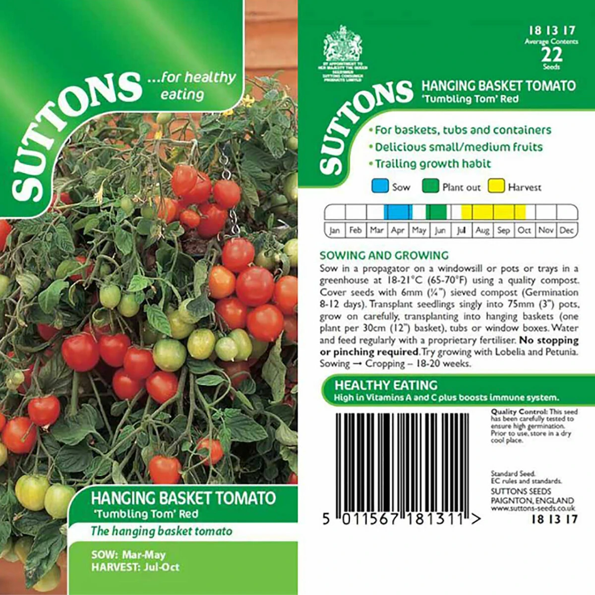 Suttons Seeds Sutton Seeds Hanging Basket Tomato "Tumbling Tom" Red 1 Suttons Seeds Sutton Seeds Hanging Basket Tomato "Tumbling Tom" Red