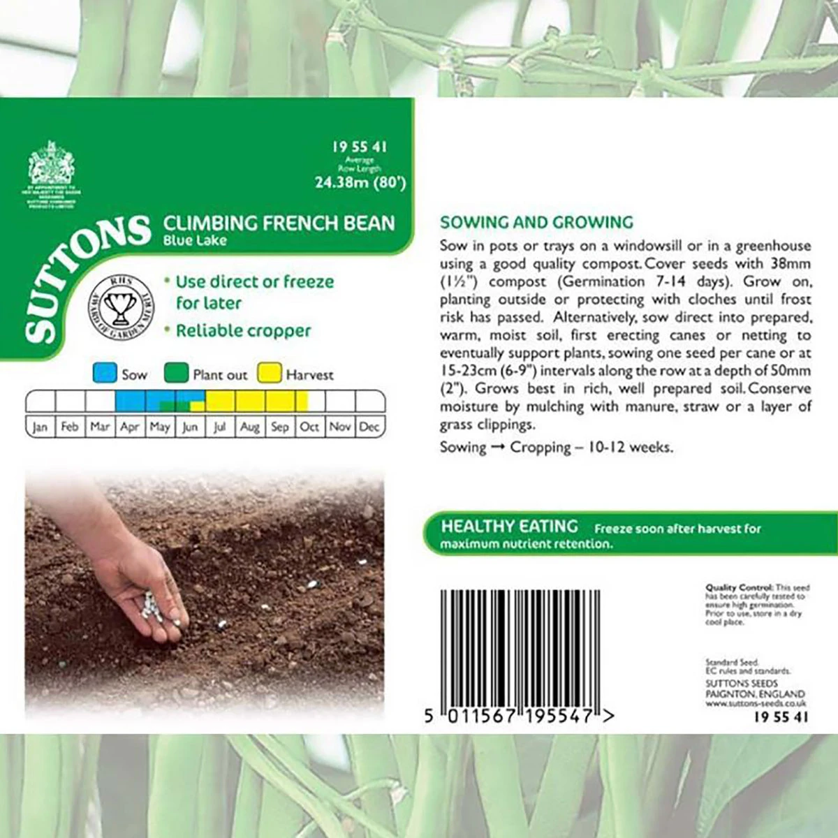 Suttons Seeds Suttons Seed Climbing French Bean - Blue Lake 3 Suttons Seeds Suttons Seed Climbing French Bean - Blue Lake - Billede 3